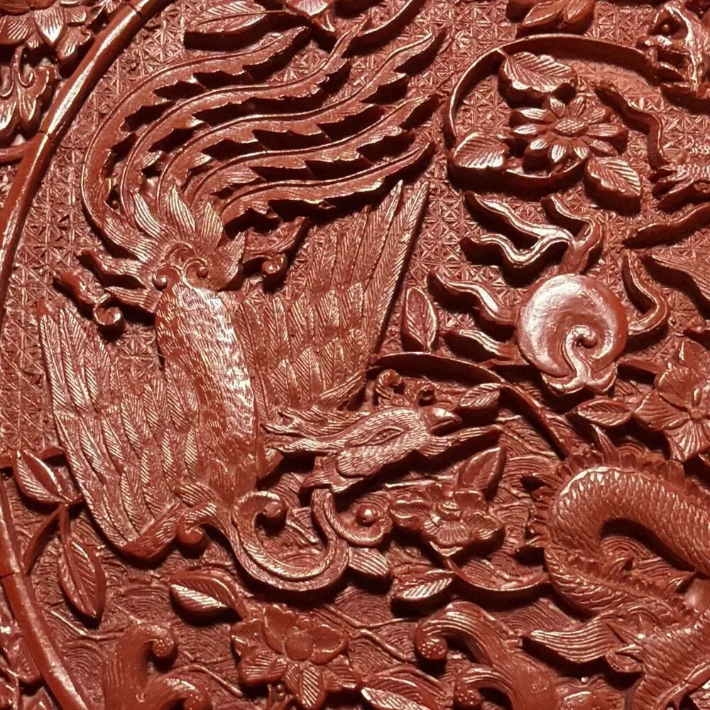 Vtg Chinese Red Carved Lacquer Plate DragonPhoenix National Palace Museum Taiwan